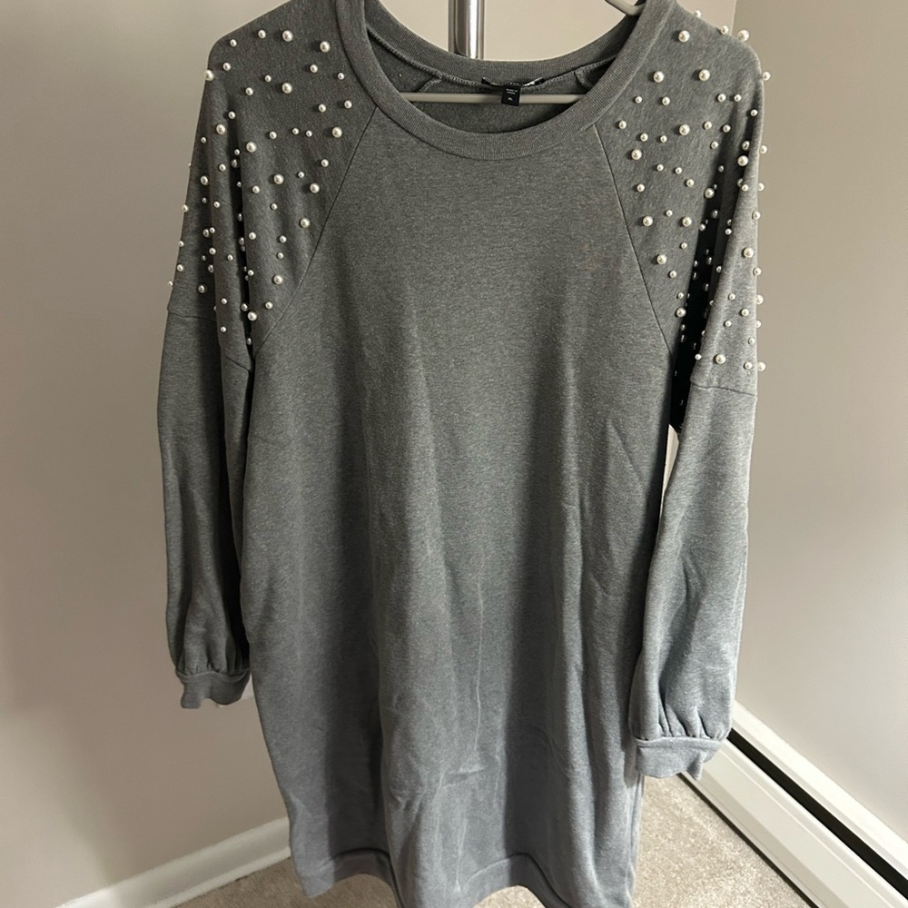 Grey sweater dress with pearl embellishments size XL express